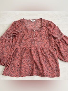 Max Studio Dainty Floral Button-Front Peasant Top Small